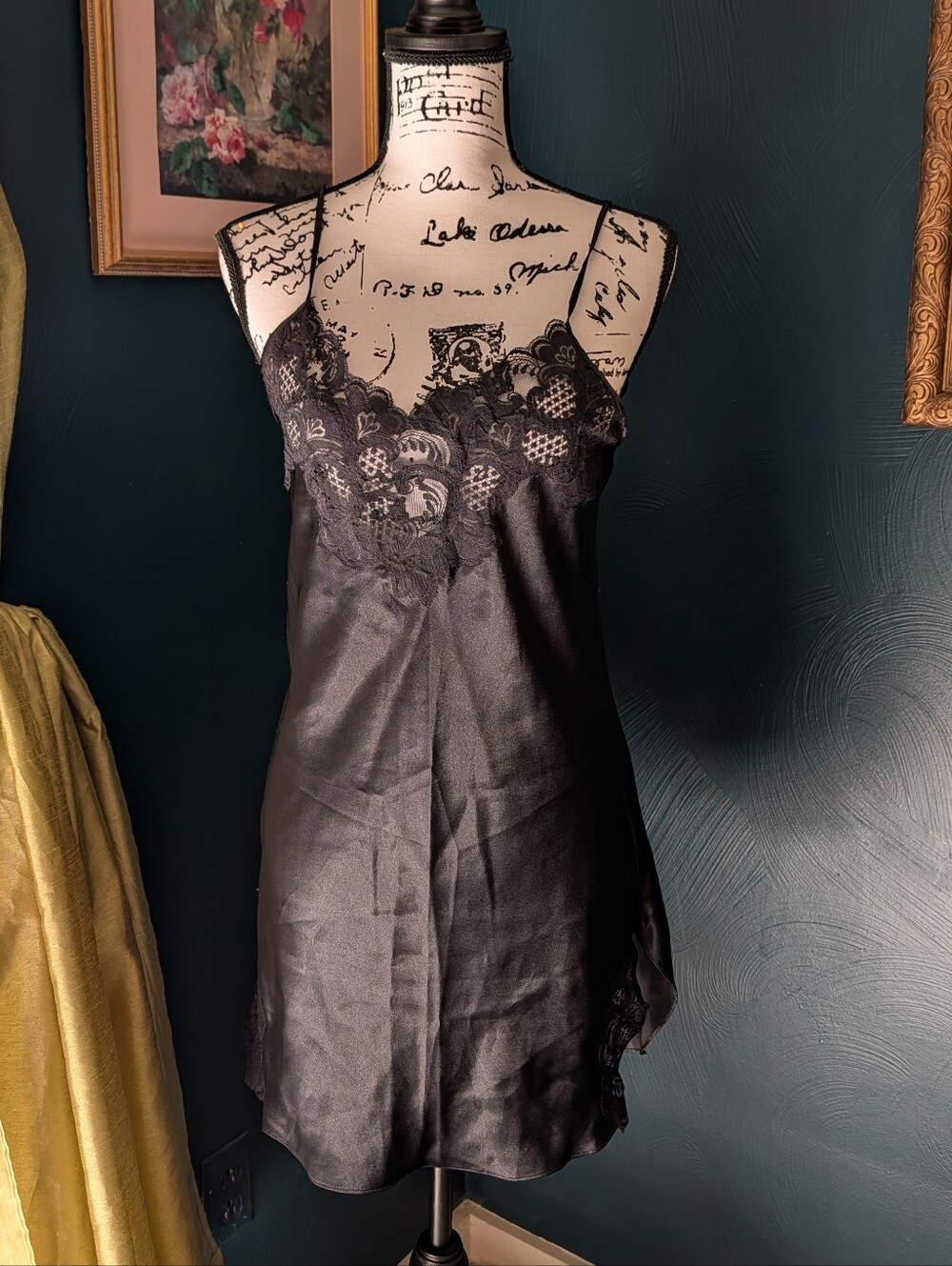 VTG 80s 90s Victoria's Secret Gold Label Black Satin Lace Slip Dress Chemise S